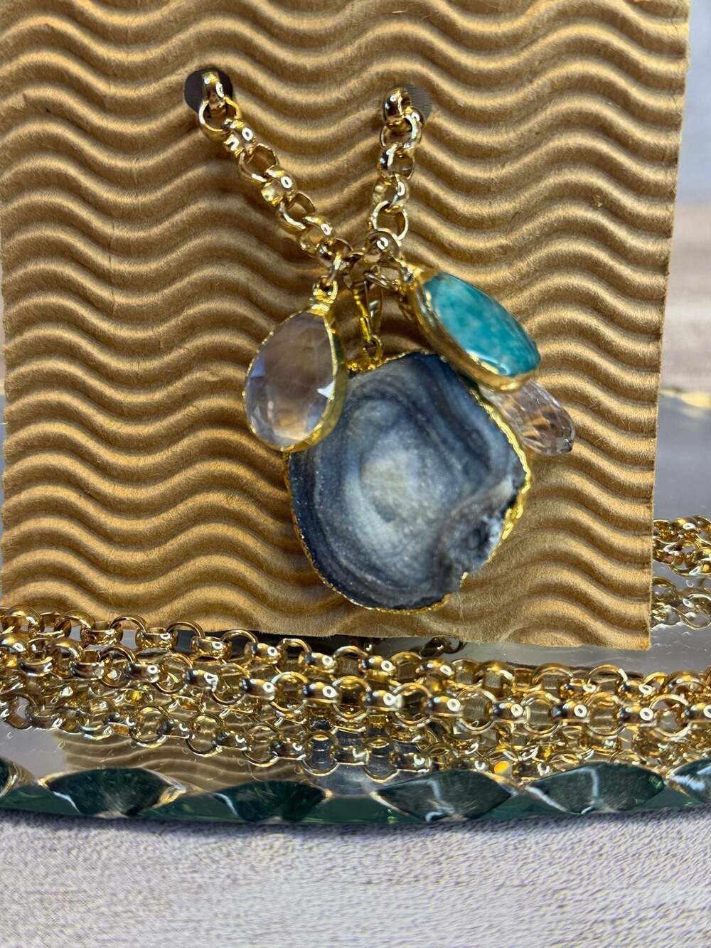 Natural Druzy Agate Slice and Multi-Gemstone Cluster Pendant Necklace‎